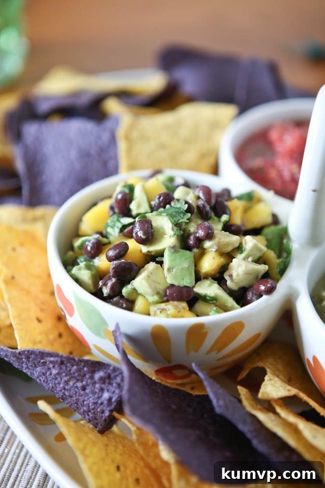 A colorful bowl of Black Bean, Mango and Avocado Salsa, showcasing fresh diced mango, creamy avocado, hearty black beans, and vibrant red onion and cilantro. This salsa is a refreshing and flavorful game day snack.