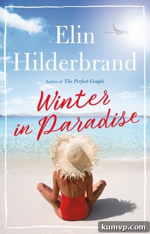 Book cover for 'Winter In Paradise' by Elin Hilderbrand, featuring a serene Caribbean beach scene with palm trees and clear blue water.