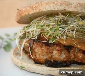 Lean Turkey Burgers with Luscious Peanut Sauce 2 Delicious Turkey Burgers with Peanut Sauce from Cooking Light, topped with creamy peanut sauce and fresh sprouts