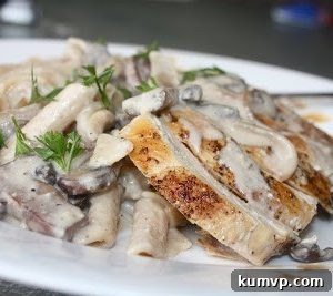 Chicken with Cashew Cream and Mushrooms served over pasta
