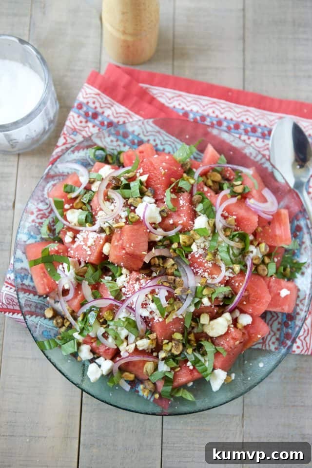 Fresh Watermelon Feta Salad with Basil, a refreshing and healthy summer side dish with juicy watermelon, crumbled feta, and aromatic basil.