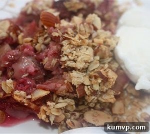 Sweet-Tart Raspberry Rhubarb Crumble 4 Delicious Raspberry and Rhubarb Crumble served with ice cream.