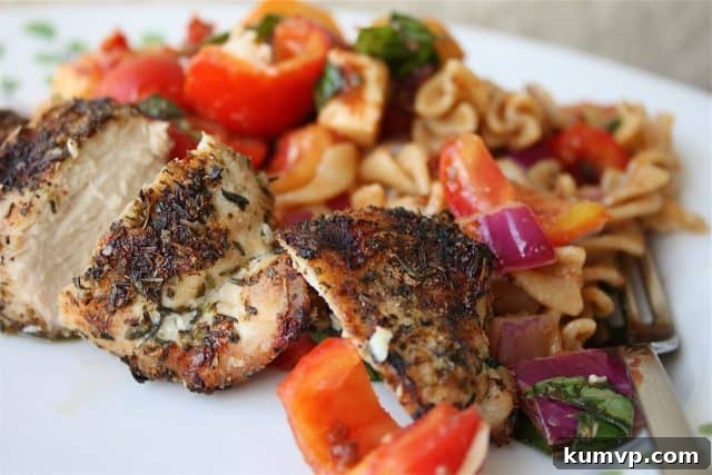 Plated Italian herb grilled chicken breast with a side of colorful pasta salad, featuring vegetables like cherry tomatoes and bell peppers