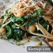 Whole Wheat Spaghetti with Sauteed Chickpeas and Spinach