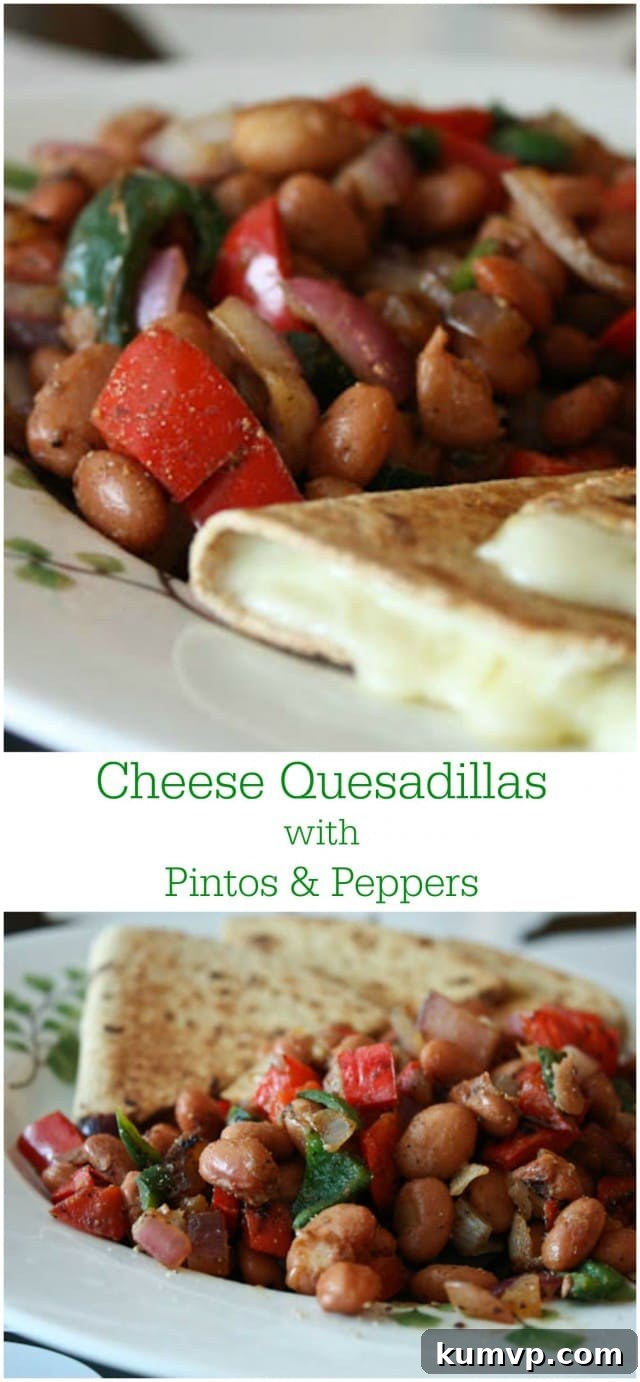 Golden Quesadillas with Savory Pintos and Peppers: A Quick Dinner Idea 2 Close-up shot of delicious Cheese Quesadillas with Pinto Beans and Peppers, a perfect easy, flavorful vegetarian meal for the whole family.