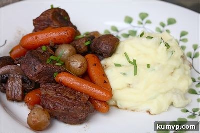 Beef Bourg 3 Close-up of creamy mashed Yukon Gold potatoes