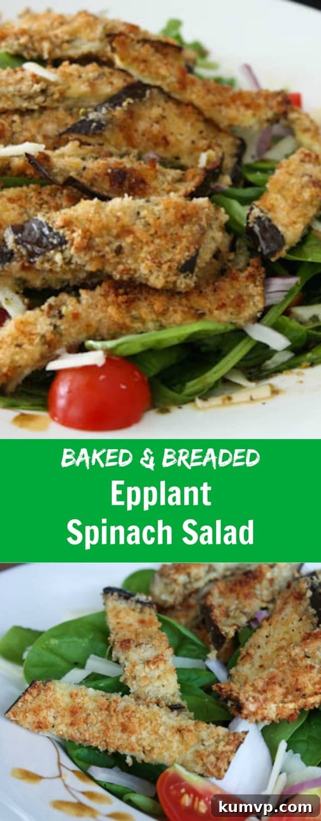 Baked and Breaded Eggplant topped Spinach Salad with mozzarella and tomatoes - this is the Italian Salad of my dreams! 