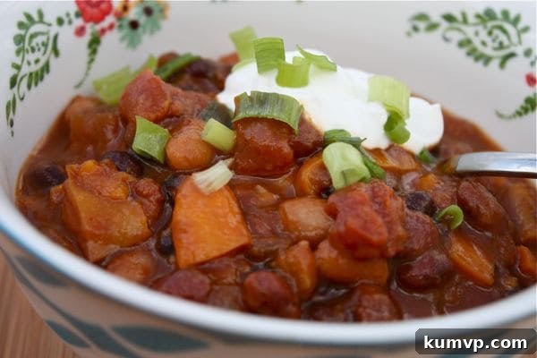 A second view of the delicious homemade 3-Bean Pumpkin Chili, with its rich texture visible, served in a bowl with a spoon, inviting a comforting meal.