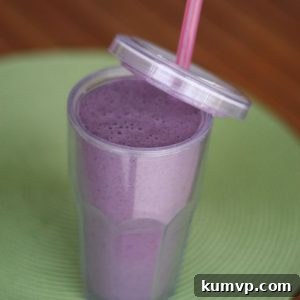 A glass of Aggie's Blueberry Breakfast Smoothie