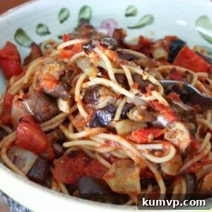 Finished dish of Whole Wheat Spaghetti with Roasted Peppers and Eggplant