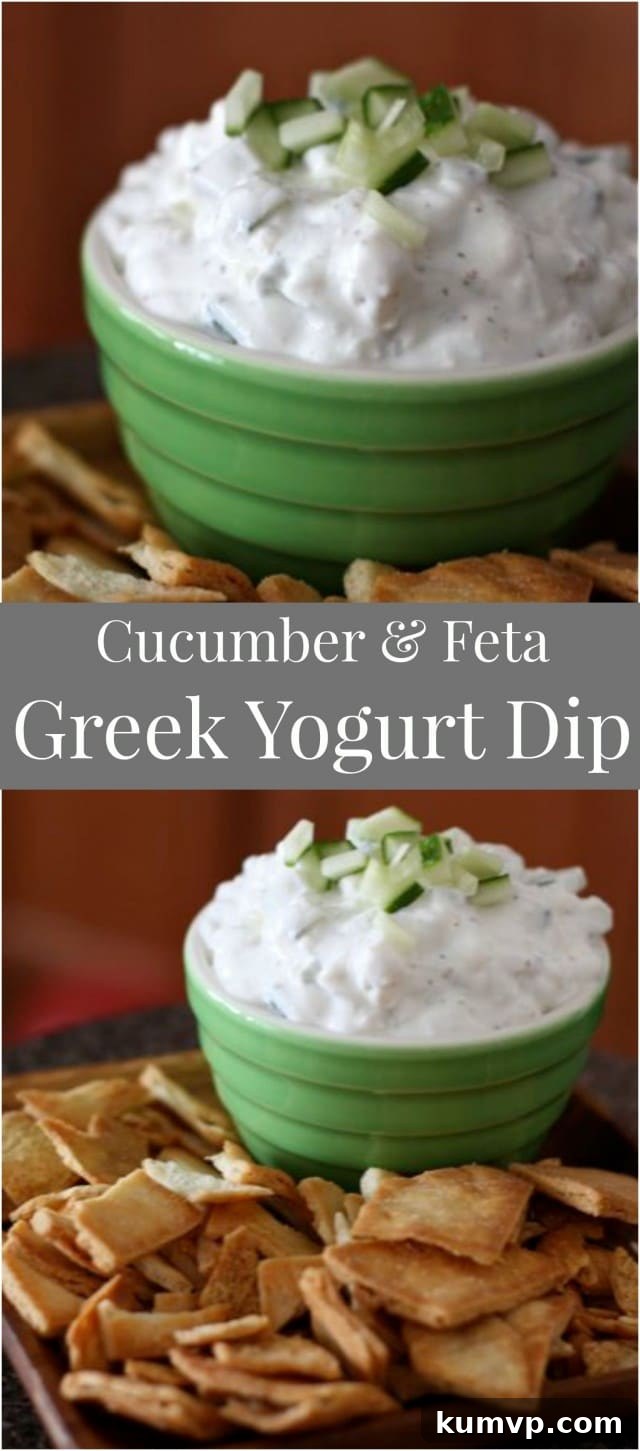 Mediterranean Cucumber Feta Yogurt Dip 3 A stunning spread featuring the creamy Cucumber & Feta Greek Yogurt Dip, pita chips, and an assortment of fresh vegetables, illustrating the perfect appetizer for any occasion.