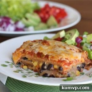A single serving of Bush's Two-Bean Vegetarian Mexican Lasagna, showcasing its hearty layers.