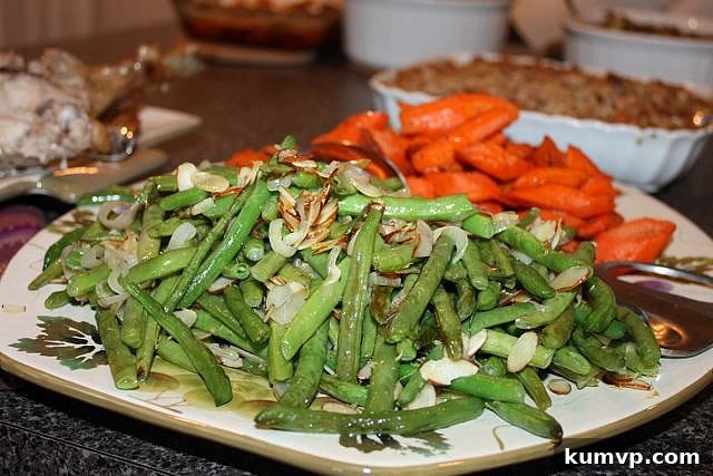 Crispy Roasted Green Beans with Shallots and Almonds, a healthy and flavorful vegetable side dish perfect for any holiday meal.