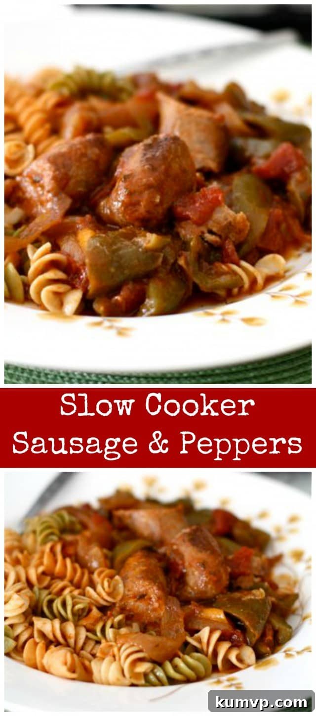 Hearty Slow Cooker Chicken Sausage and Peppers 3 Delicious and easy Slow Cooker Chicken Sausage and Peppers served over pasta, perfect for a family dinner.