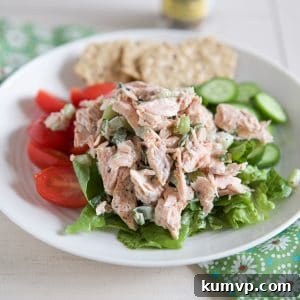 white plate filled with tomatoes, cucumbers and lettuce topped with salmon salad
