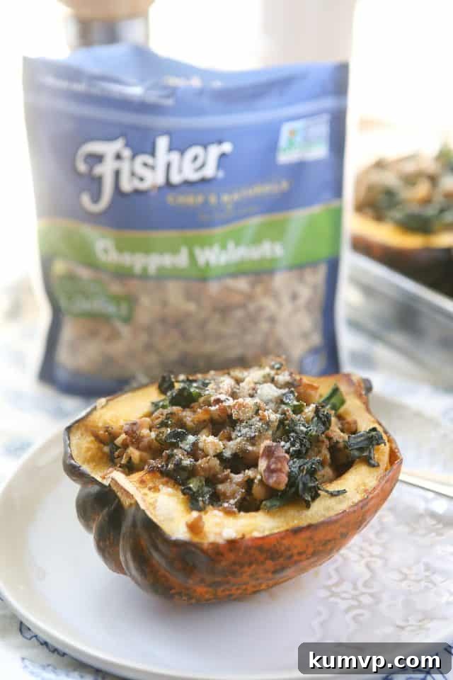 Hearty Stuffed Acorn Squash Recipe with Sausage, Kale, and Walnuts A beautifully presented Stuffed Acorn Squash, brimming with a hearty mixture of sausage, kale, and walnuts, perfect for any occasion.