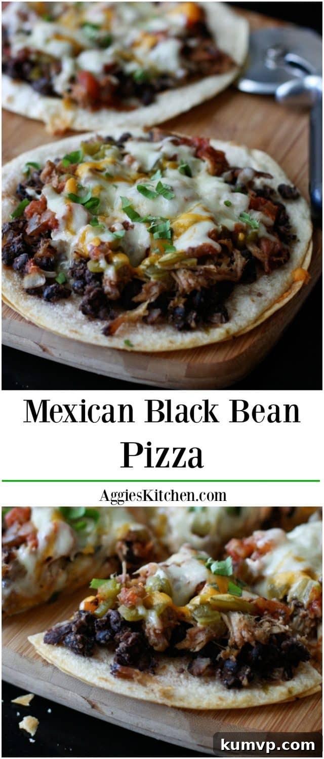 A stunning overhead shot of the complete Mexican Black Bean Pizza with pulled pork, showing off its rich toppings and golden crust, ready to be sliced and shared. An inviting and vibrant centerpiece for any table.