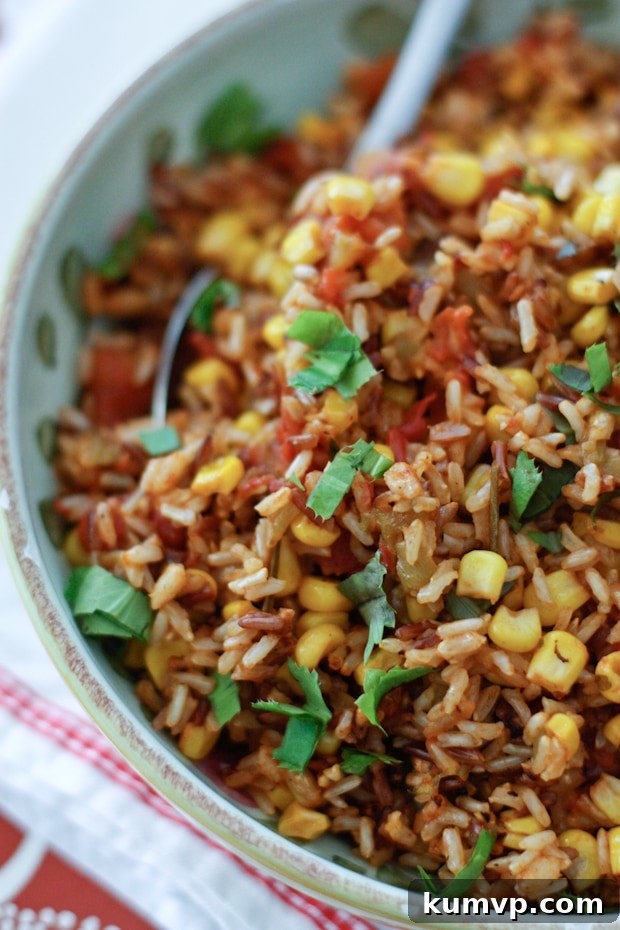 Perfectly Cooked Mexican Wild Rice Close-up of fluffy Mexican Wild Rice with corn and tomatoes