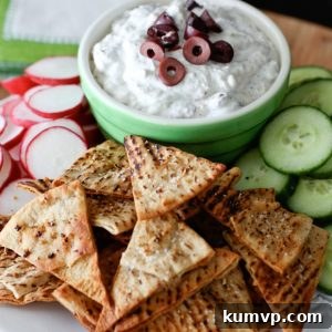 Creamy Kalamata Olive and Feta Dip with crispy Lemon Pepper Pita Chips.