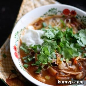 Healthy Chicken Tortilla Soup with avocado and cilantro garnish