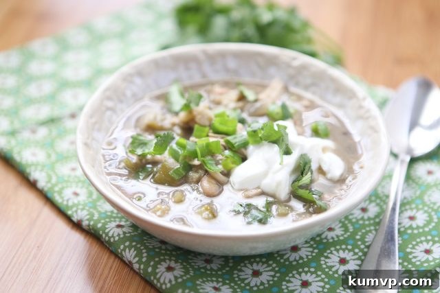 A close-up shot of a bowl of Summer White Chicken Chili Verde, artfully topped with finely chopped cilantro, sliced green onions, and a dollop of creamy Greek yogurt, resting on a rustic placemat with a spoon beside it.