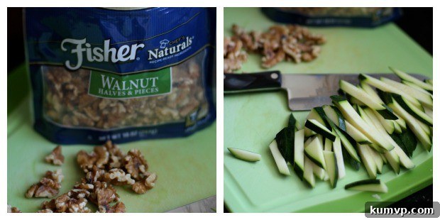 left picture - bag of Fisher walnut halves and pieces. right picture - zucchini strips on cutting board with knife and walnuts in background