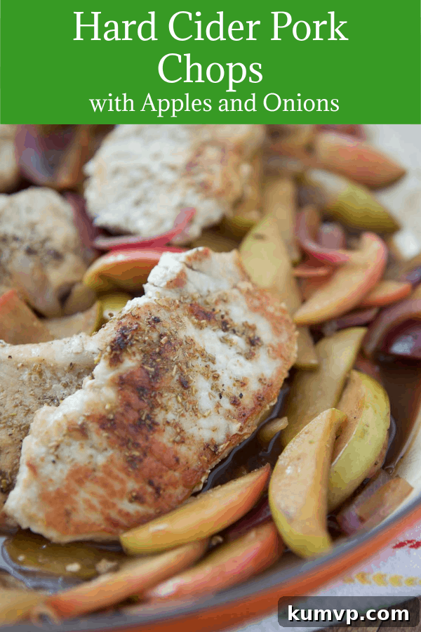 Hard Cider-Glazed Pork Chops with Apples and Onions 2 Pinterest graphic for Hard Cider Skillet Pork Chops with Apples and Onions recipe, featuring a final dish shot.