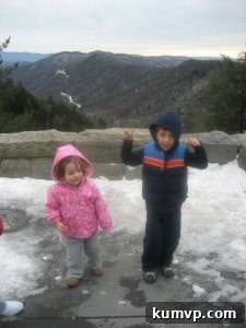 A family member, bundled warmly, smiling brightly against a picturesque backdrop of snow-covered trees in the majestic Smoky Mountains.
