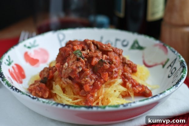 A bowl of spaghetti squash richly covered in turkey bolognese sauce, ready to be served.
