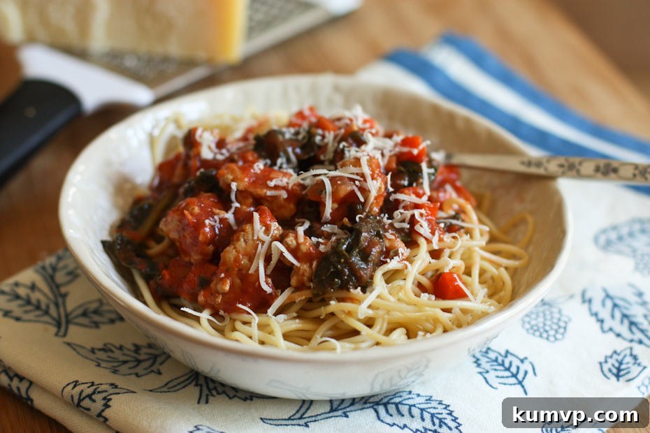 Easy enough to make on a weeknight, this hearty and healthy Spaghetti with Kale and Turkey Bolognese is comfort in a bowl. Easy enough to make on a weeknight, this hearty and healthy Spaghetti with Kale and Turkey Bolognese is comfort in a bowl.