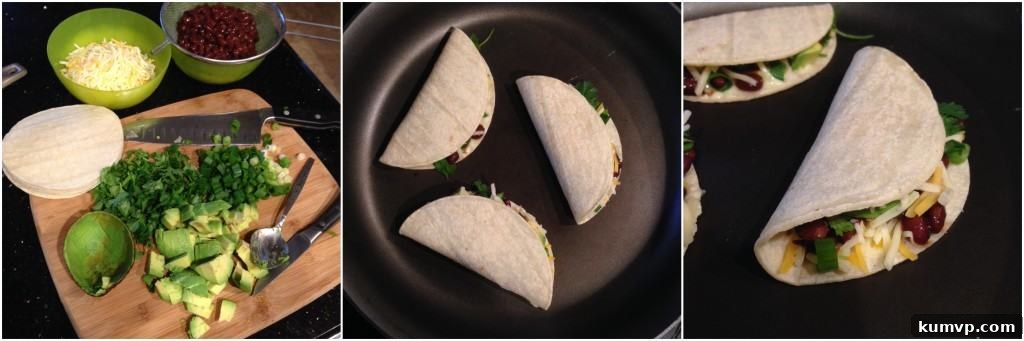 Ingredients for Black Chili Bean and Avocado Quesadillas on a wooden board, including Bush's beans, avocado, and tortillas.