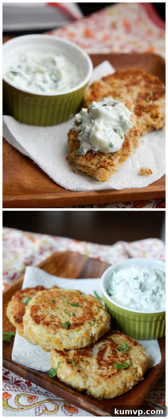 Stacked Chickpea Cakes with Cucumber-Yogurt Sauce and fresh herbs on a plate.