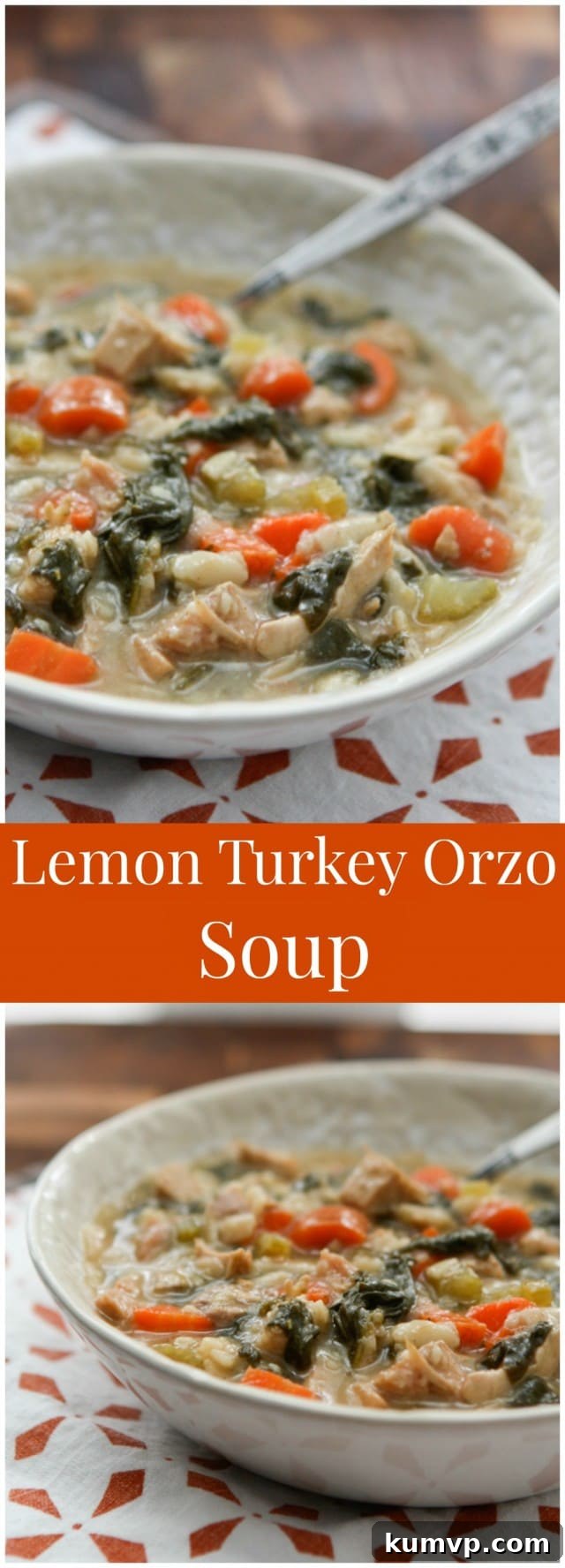 Pin this recipe: Hearty and healthy Lemon Turkey Orzo Soup, perfect for using leftover turkey or rotisserie chicken in winter.
