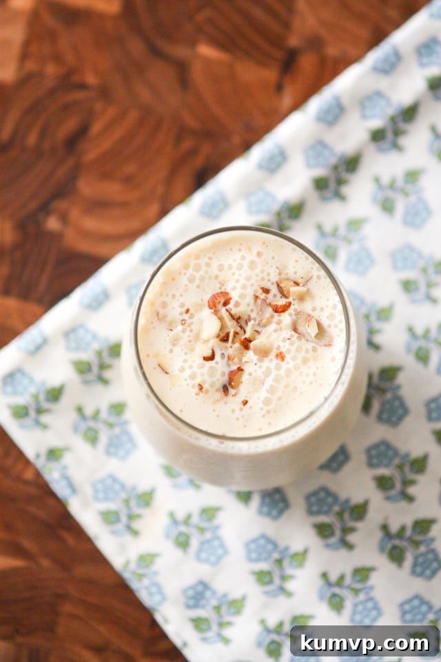 Close-up of the Almond Peach Kefir Smoothie, showcasing its creamy texture.