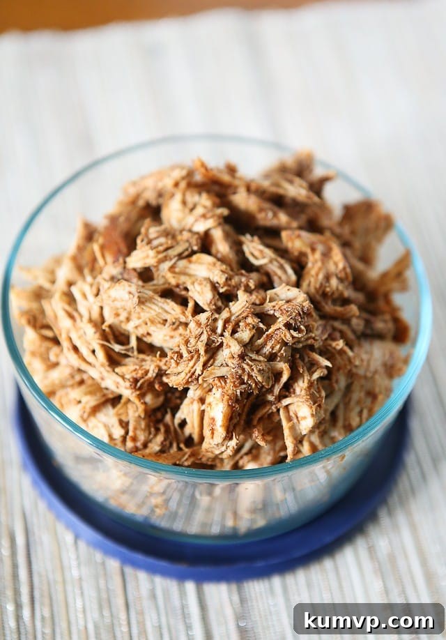 Delicious bowl of slow cooker shredded barbecue chicken, ready to be served in versatile meals.