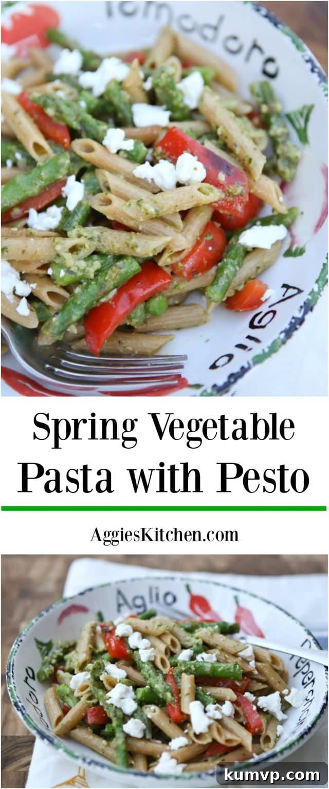 A wide shot of a delicious Spring Vegetable Pasta with Pesto, showcasing a large serving bowl filled with the vibrant whole wheat pasta dish, ready to be enjoyed.