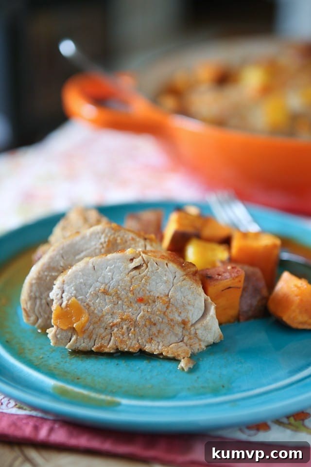 Both sweet and savory, this Maple Mustard Roasted Pork Tenderloin with Sweet Potatoes and Mango is a wonderful healthy meal to serve your family. Maple Mustard Roasted Pork Tenderloin with Sweet Potatoes and Mango close-up