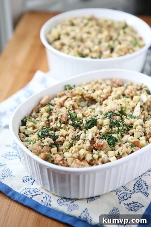 corning ware baking dish with Italian style stuffing made with pasta and sausage