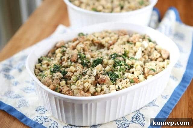 corning ware baking dish with Italian style stuffing made with pasta, sausage and spinach