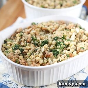 My family's Italian Stuffing recipe made with sausage, pasta and spinach