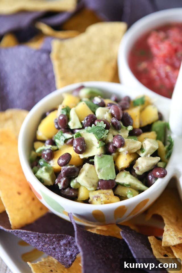 Serve this delightful Mango Avocado and Black Bean Salsa with anything! A finished bowl of Mango Avocado and Black Bean Salsa, garnished with fresh cilantro, ready to be enjoyed. The colors are vivid and appealing. Recipe via aggieskitchen.com