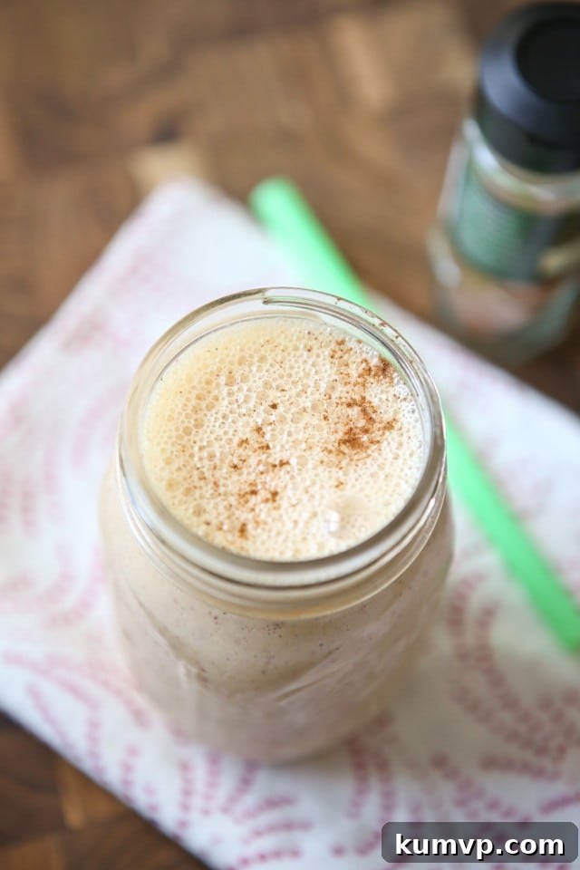 Peach Pie Smoothie with a Free Simply Summer eCookbook 5 Another view of the wholesome Peach Pie Smoothie with a focus on its creamy texture and fresh ingredients