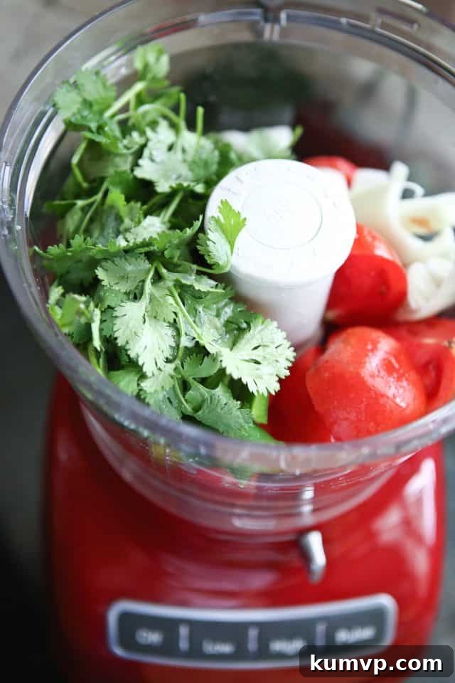 Close-up shot of fresh salsa ingredients, including chopped tomatoes, onions, cilantro, and jalapeños, being added to a food processor, illustrating the ease of making homemade salsa.