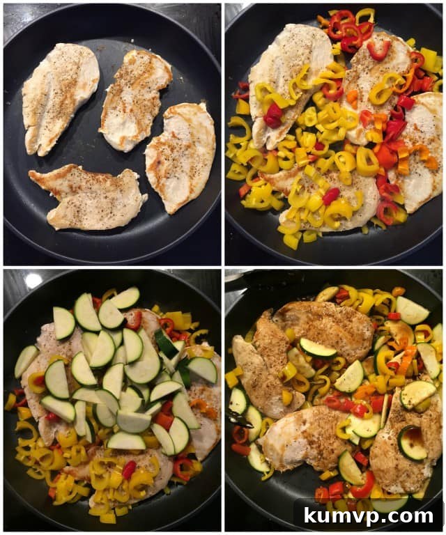 A four-panel collage showing the cooking process of Skillet Balsamic Chicken: 1. Chicken searing in a skillet; 2. Red, green, and yellow bell peppers added to the skillet; 3. Zucchini joining the chicken and peppers; 4. The finished, fully cooked skillet meal with vegetables and chicken.